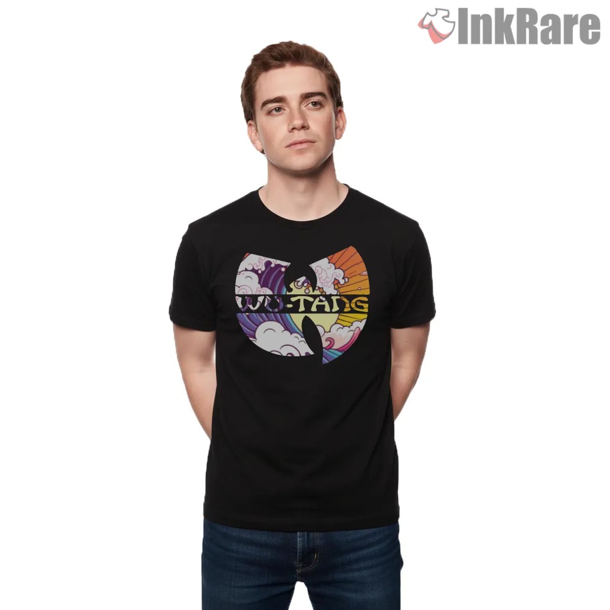 Wu Tang Japanese Wave And Clouds Logo Short Sleeve Black Wu Tang Japanese Wave And Clouds Logo Shirt on black short sleeve shirt for men graphic tee