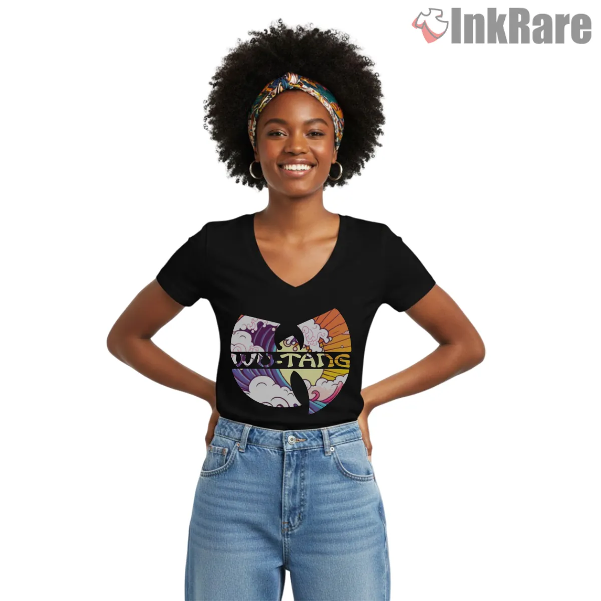 Wu Tang Japanese Wave And Clouds Logo V Neck Black Wu Tang Japanese Wave And Clouds Logo Shirt on black v-neck shirt for women graphic tee