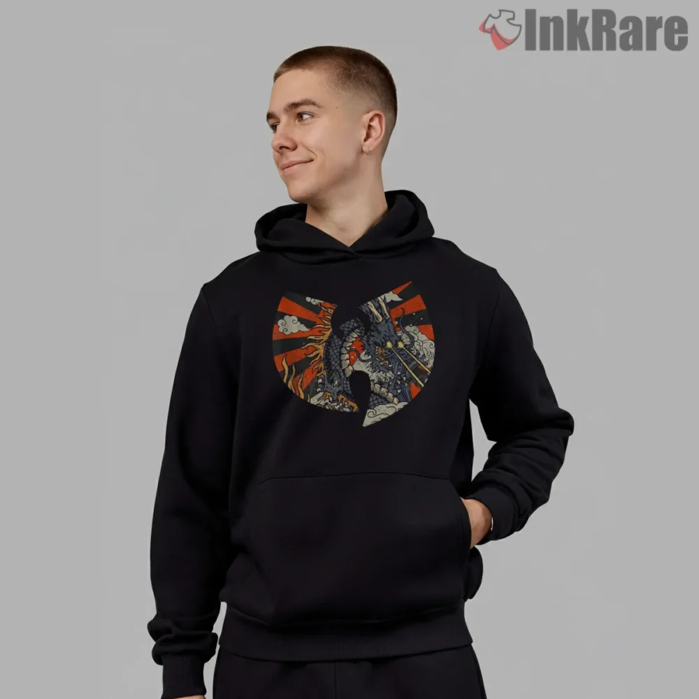 Wu Tang Kaiju Dragon Great Wave Logo Shirt on black hoodie for men graphic tee