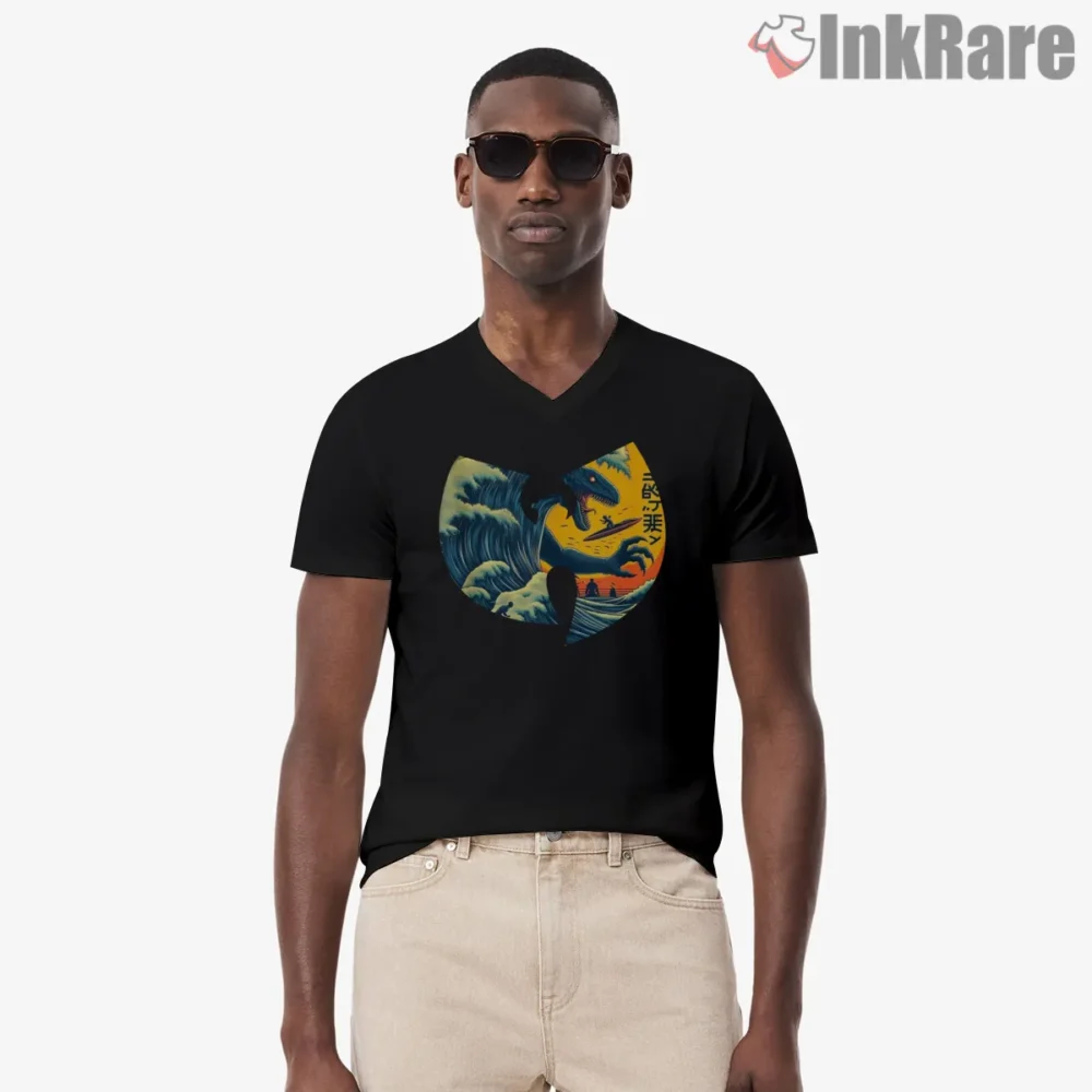 Wu Tang Kaiju Surfing Great Wave Logo Shirt on black v-neck shirt for men graphic tee