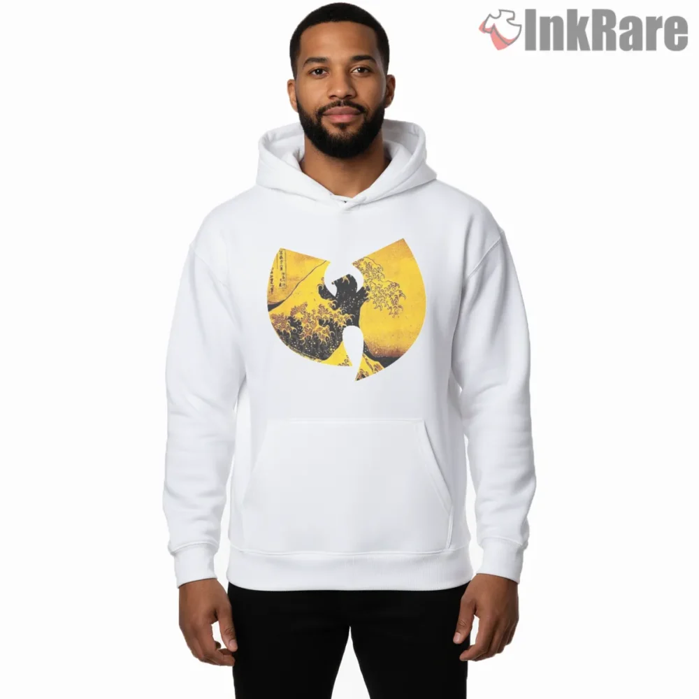 Wu Tang Kanagawa Wave Gold Ink Art Shirt on white hoodie for men graphic tee