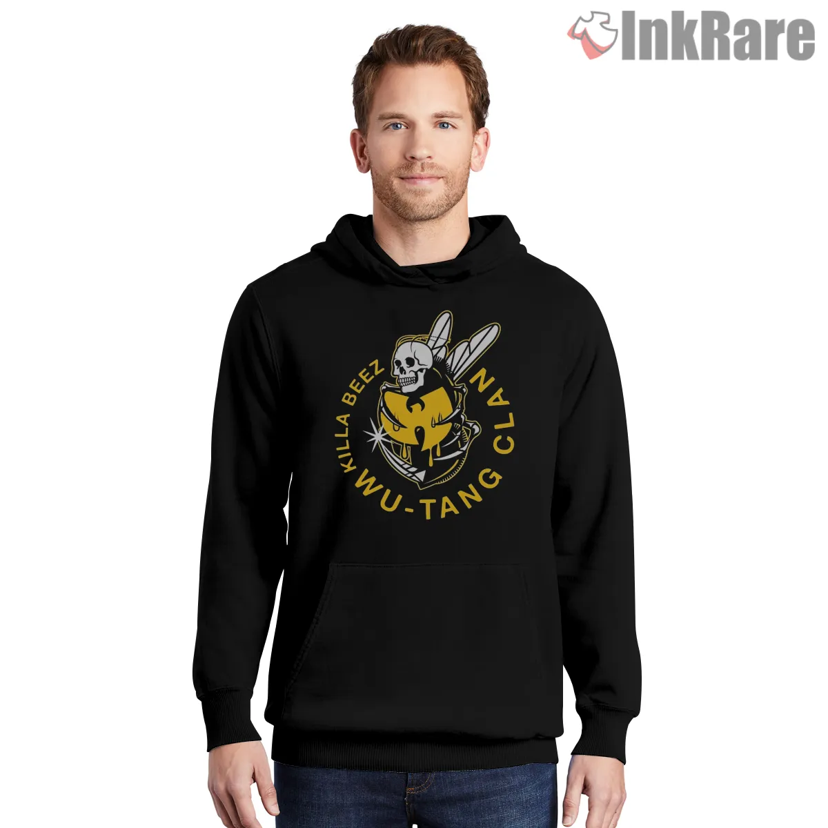 Wu Tang Killa Beez Skull Bee Emblem Shirt on black hoodie for men graphic tee
