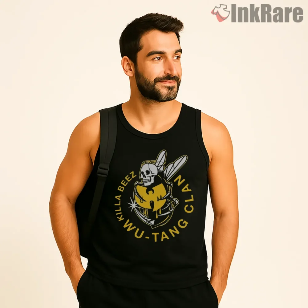 Wu Tang Killa Beez Skull Bee Emblem Shirt on black tank top for men graphic tee