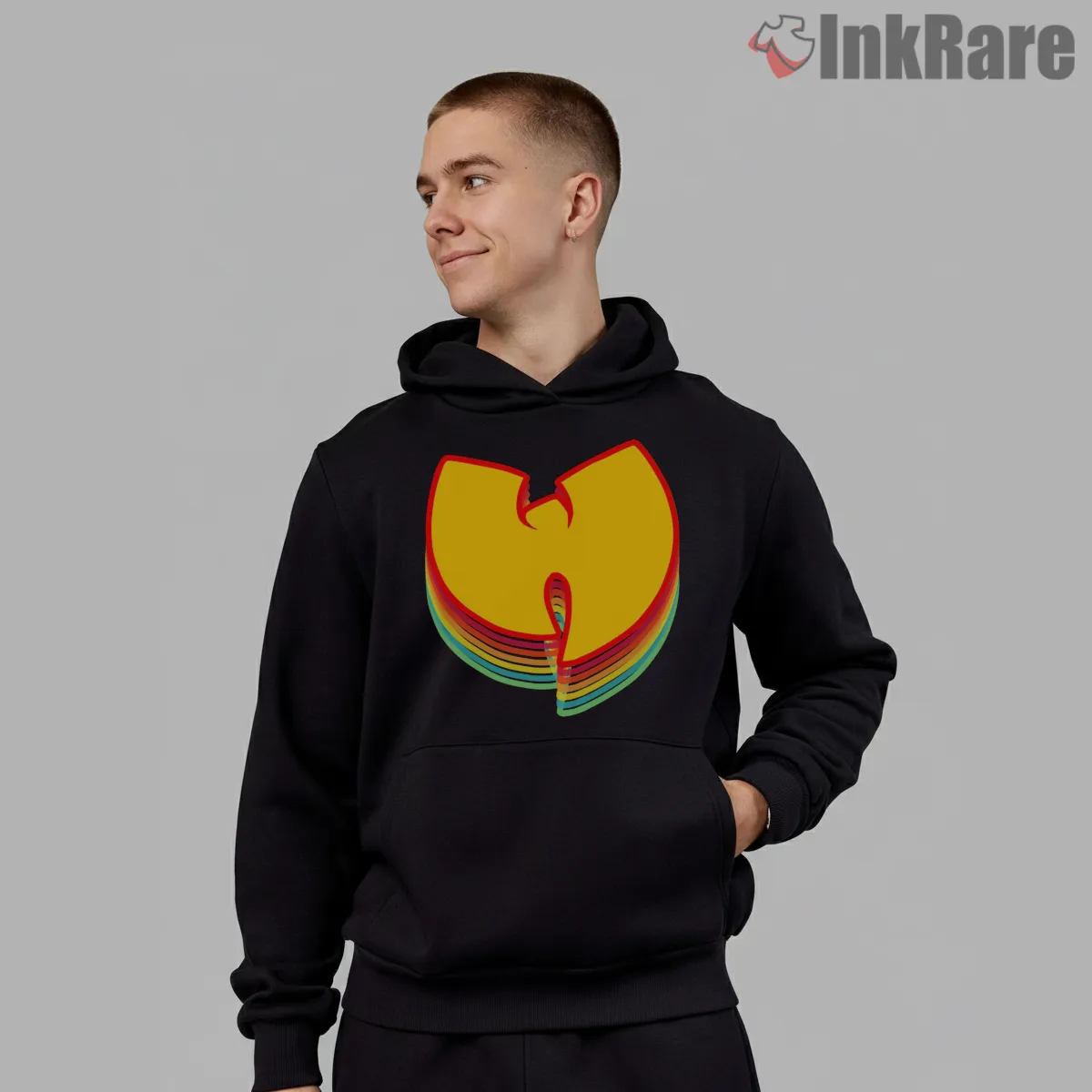 Wu Tang Layered Rainbow Logo Shirt on black hoodie for men graphic tee