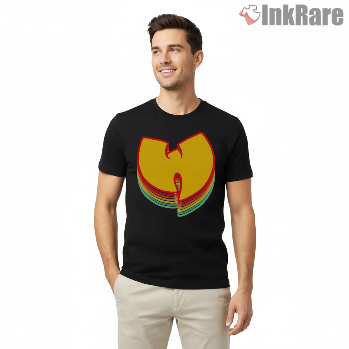 Wu Tang Layered Rainbow Logo Short Sleeve Black Wu Tang Layered Rainbow Logo Shirt on black short sleeve shirt for men graphic tee