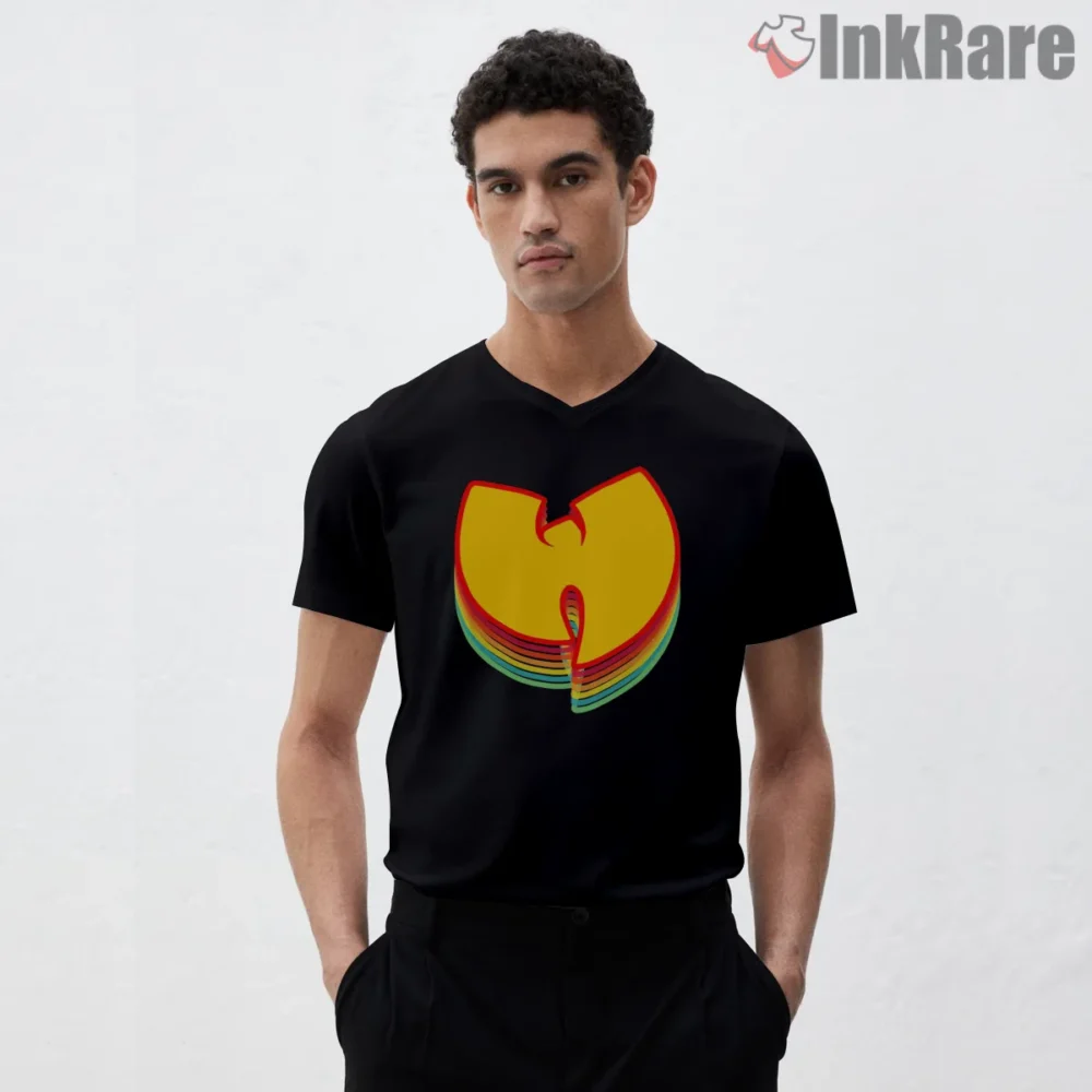 Wu Tang Layered Rainbow Logo Shirt on black v-neck shirt for men graphic tee