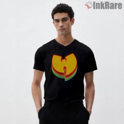 Wu Tang Layered Rainbow Logo Shirt on black v-neck shirt for men graphic tee