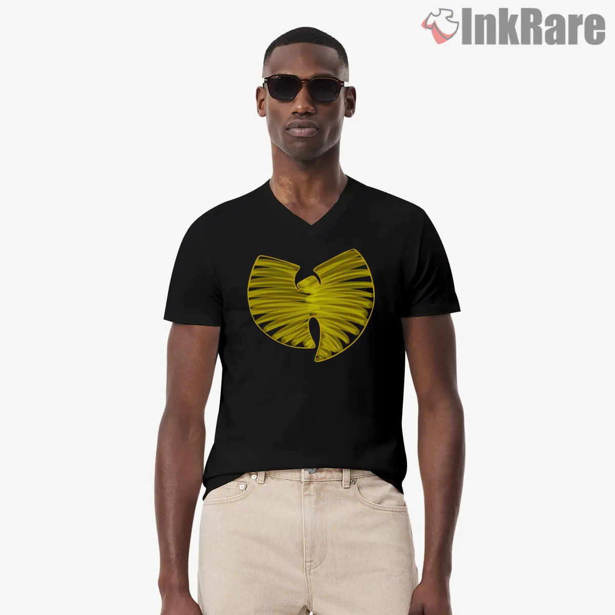 Wu Tang Leaf Texture Classic Logo V Neck Black Wu Tang Leaf Texture Classic Logo Shirt on black v-neck shirt for men graphic tee