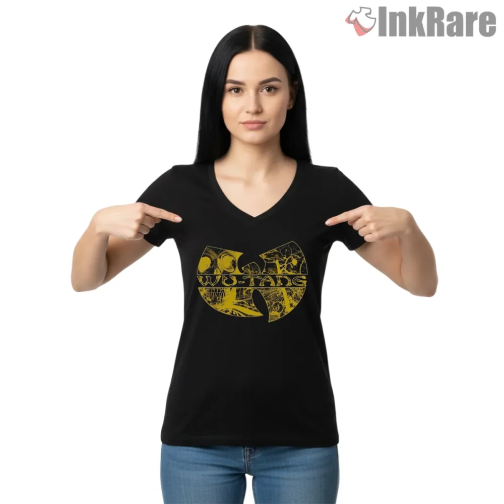 Wu Tang Legacy Collage Vintage Hip Hop Logo Shirt on black v-neck shirt for women graphic tee