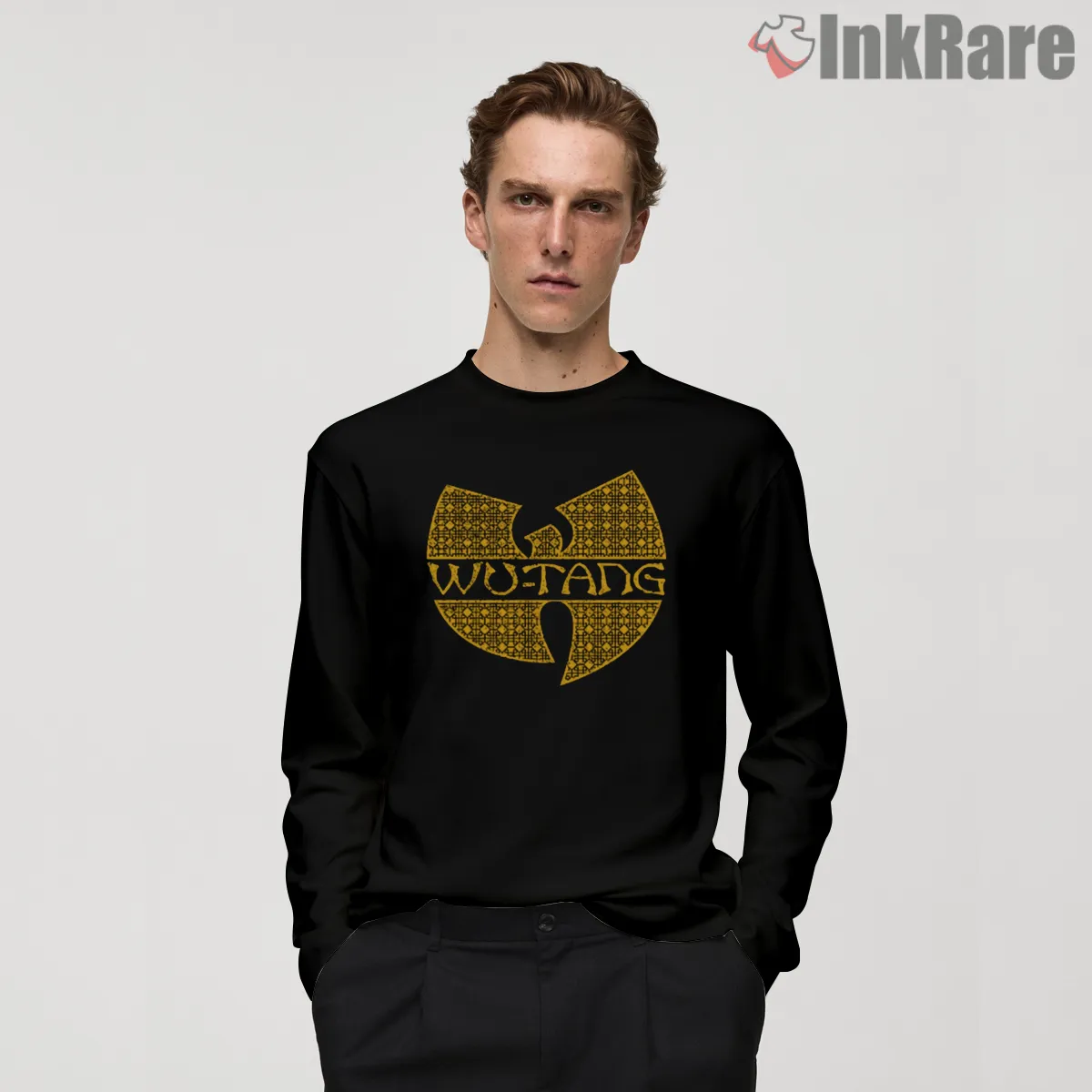 Wu Tang Legacy Pattern Emblem Shirt on black long sleeve shirt for men graphic tee