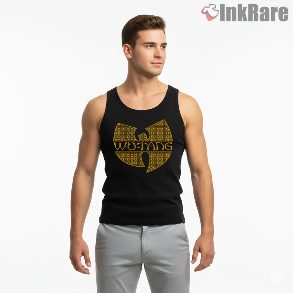 Wu Tang Legacy Pattern Emblem Shirt on black tank top for men graphic tee