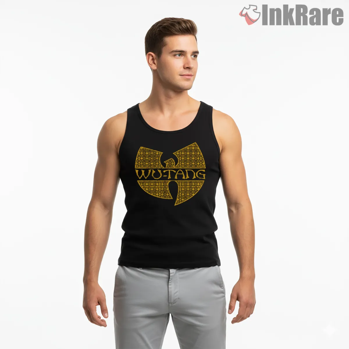 Wu Tang Legacy Pattern Emblem Tank Top Black Wu Tang Legacy Pattern Emblem Shirt on black tank top for men graphic tee