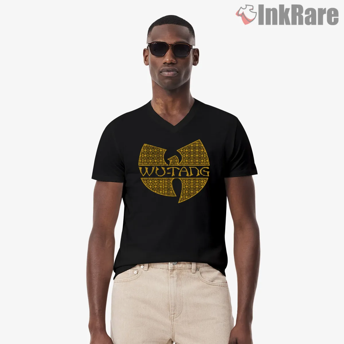 Wu Tang Legacy Pattern Emblem V Neck Black Wu Tang Legacy Pattern Emblem Shirt on black v-neck shirt for men graphic tee