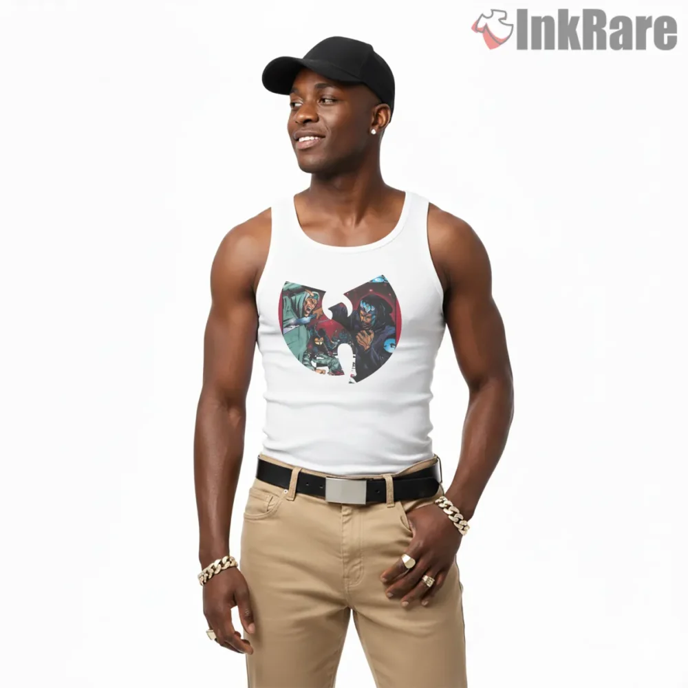 Wu Tang Liquid Swords Comic Scene Emblem Shirt on white tank top for men graphic tee