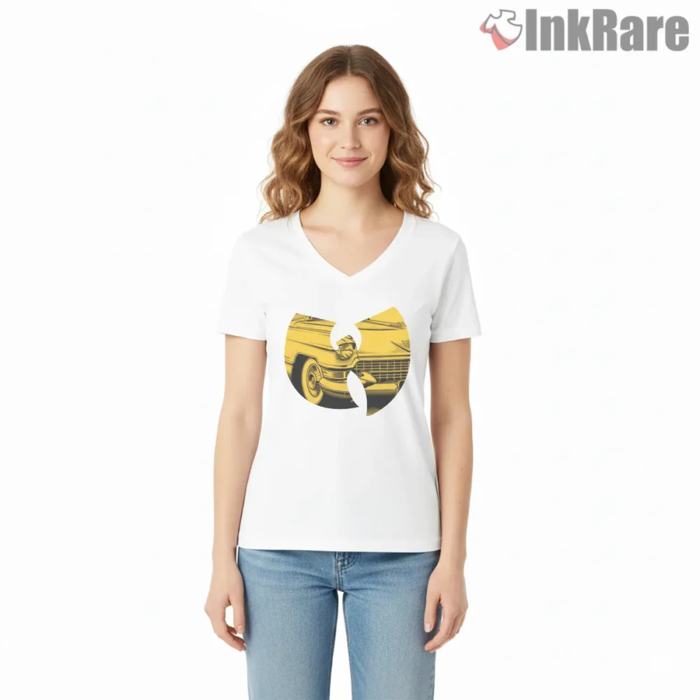 Wu Tang Lowrider Car Gold Logo Shirt on white v-neck shirt for women graphic tee