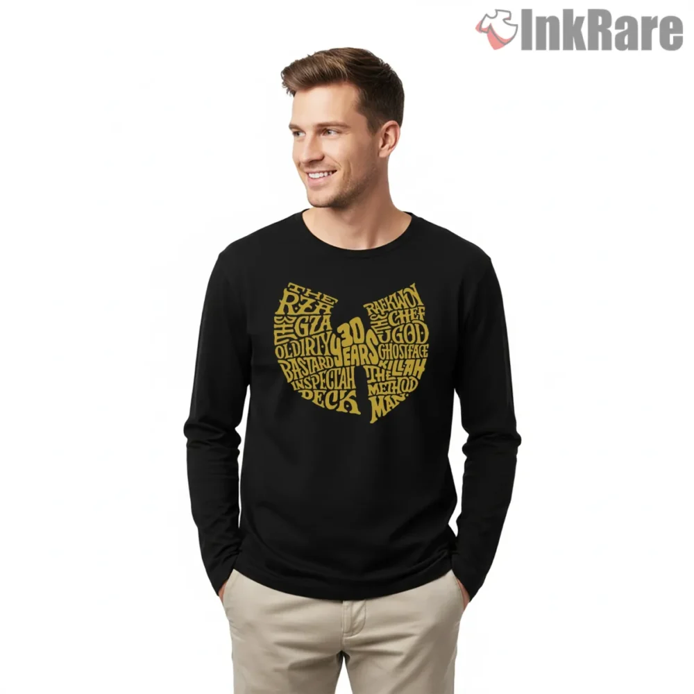 Wu Tang Member Word Cloud Retro Shirt on black long sleeve shirt for men graphic tee