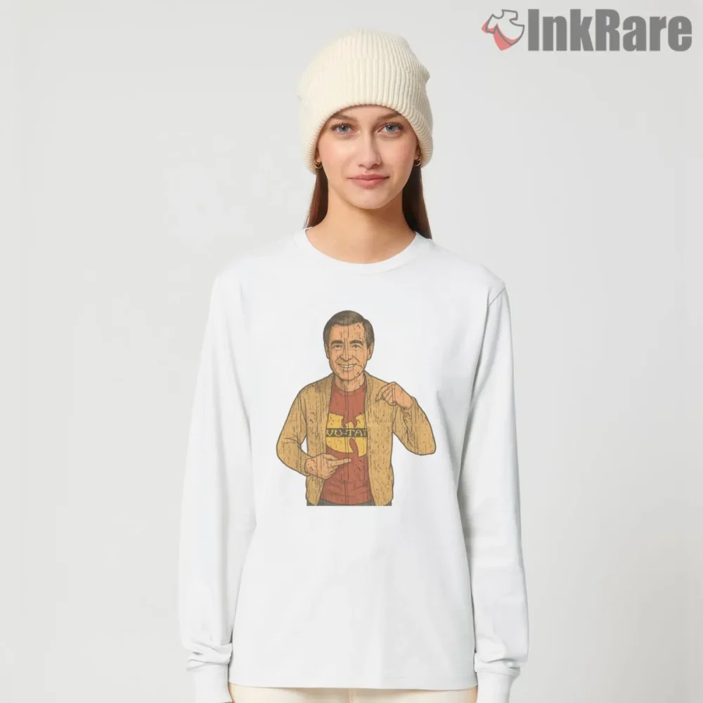 Wu Tang Mister Rogers Cozy Parody Shirt on white long sleeve shirt for women graphic tee