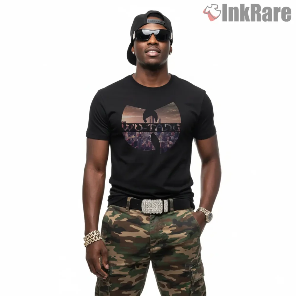 Wu Tang New York Skyline Vintage Logo Shirt on black short sleeve shirt for men graphic tee