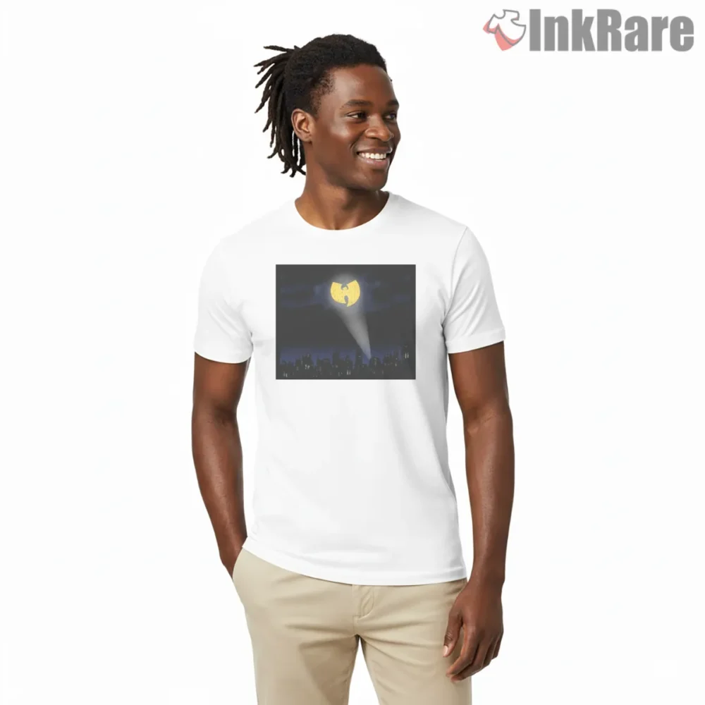 Wu Tang Night Sky Signal Spotlight Shirt on white short sleeve shirt for men graphic tee
