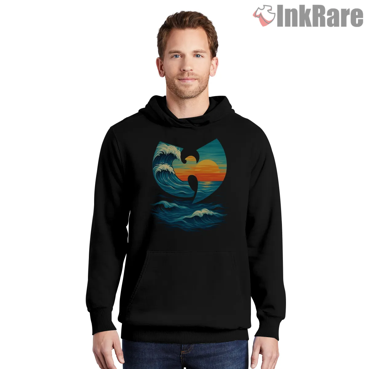 Wu Tang Ocean Sunset Wave Shirt on black hoodie for men graphic tee