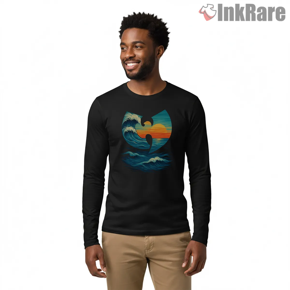 Wu Tang Ocean Sunset Wave Long Sleeve Black Wu Tang Ocean Sunset Wave Shirt on black long sleeve shirt for men graphic tee