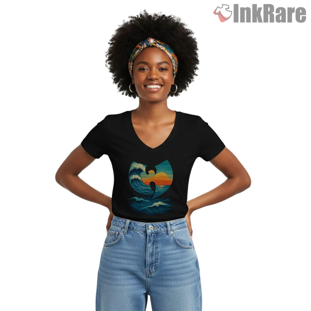 Wu Tang Ocean Sunset Wave V Neck Black Wu Tang Ocean Sunset Wave Shirt on black v-neck shirt for women graphic tee