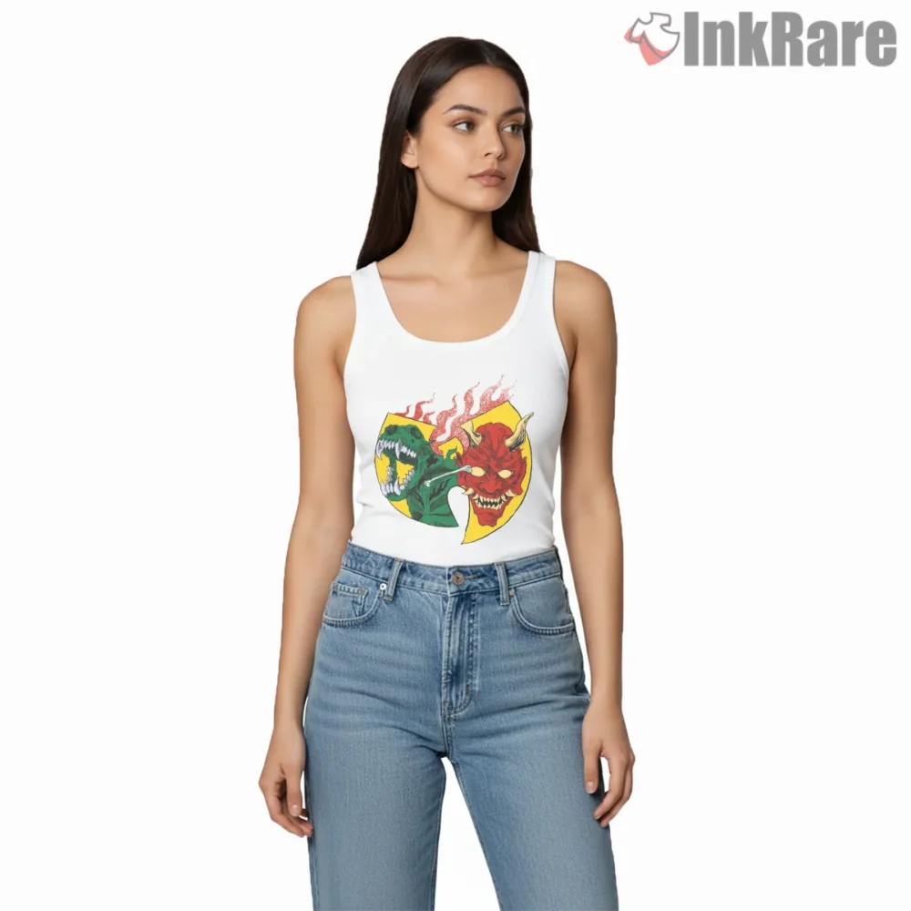 Wu Tang Oni Mask And Dragon Split Emblem Shirt on white tank top for women graphic tee