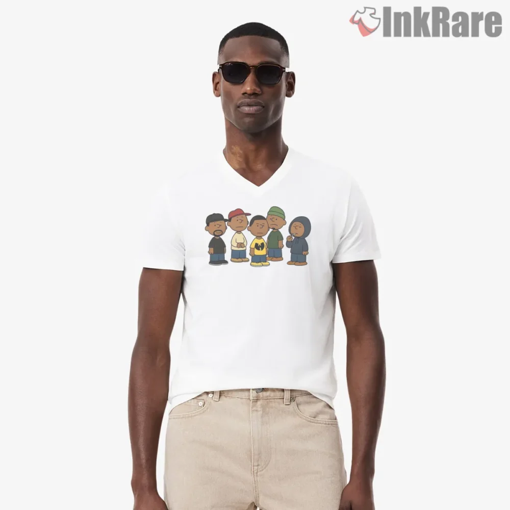Wu Tang Peanuts Style Crew Cartoon Shirt on white v-neck shirt for men graphic tee