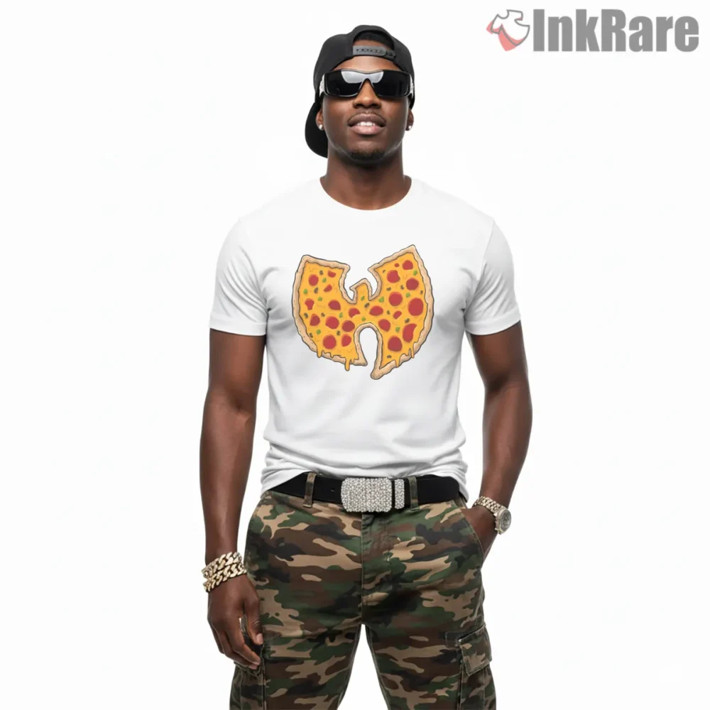 Wu Tang Pizza Slice Melted Logo Shirt on white short sleeve shirt for men graphic tee
