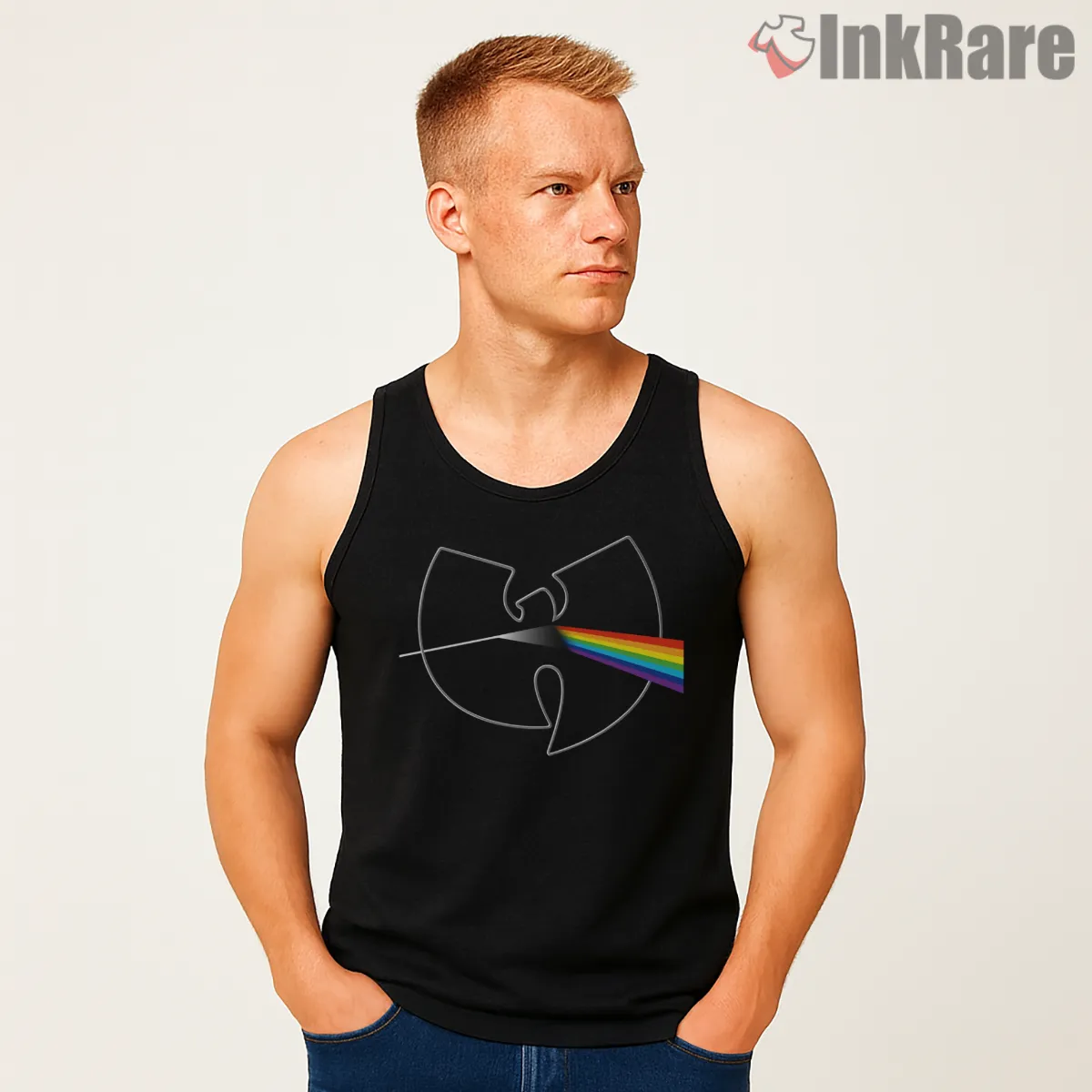 Wu Tang Prism Rainbow Beam Minimal Tank Top Black Wu Tang Prism Rainbow Beam Minimal Shirt on black tank top for men graphic tee