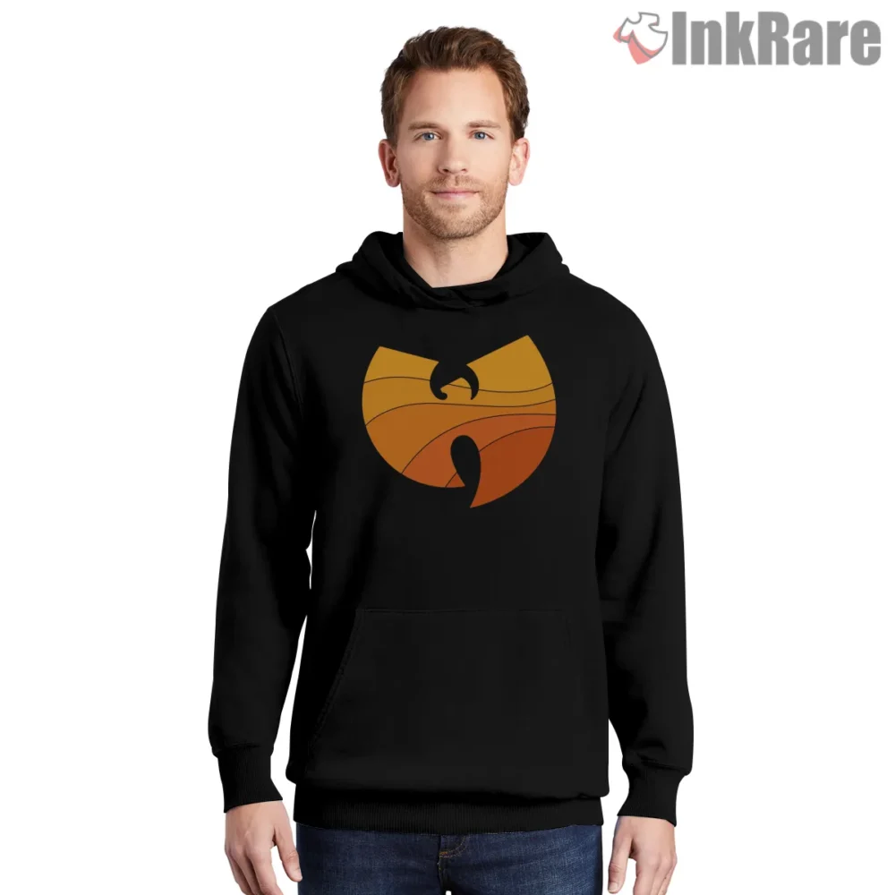 Wu Tang Protect Ya Neck Sunset Wave Logo Shirt on black hoodie for men graphic tee