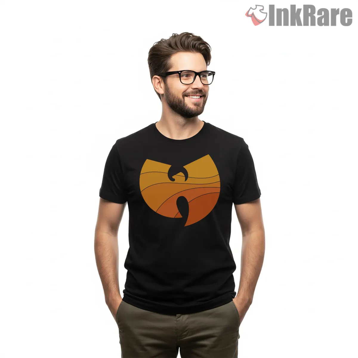Wu Tang Protect Ya Neck Sunset Wave Logo Shirt on black short sleeve shirt for men graphic tee