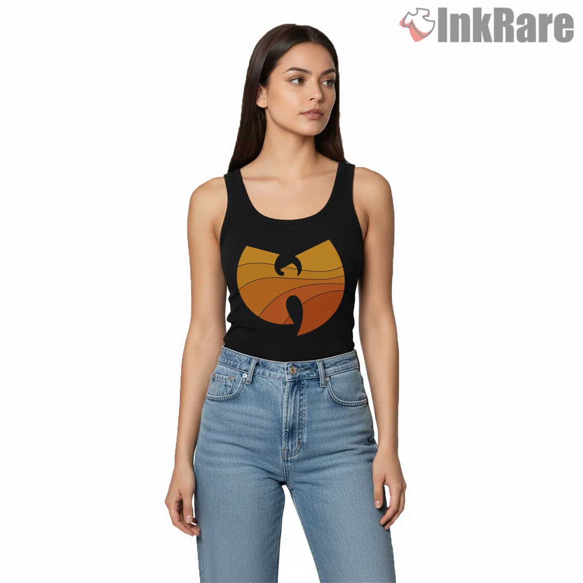 Wu Tang Protect Ya Neck Sunset Wave Logo Tank Top Black Wu Tang Protect Ya Neck Sunset Wave Logo Shirt on black tank top for women graphic tee