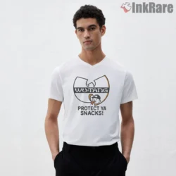 Wu Tang Protect Ya Snacks Cartoon Shirt on white v-neck shirt for men graphic tee