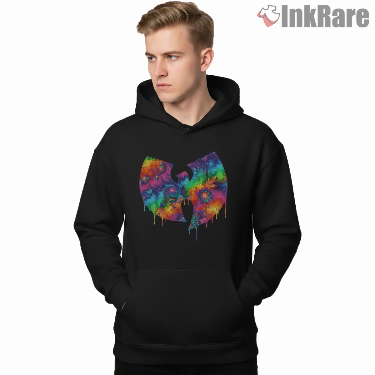 Wu Tang Psychedelic Galaxy Drip Logo Shirt on black hoodie for men graphic tee