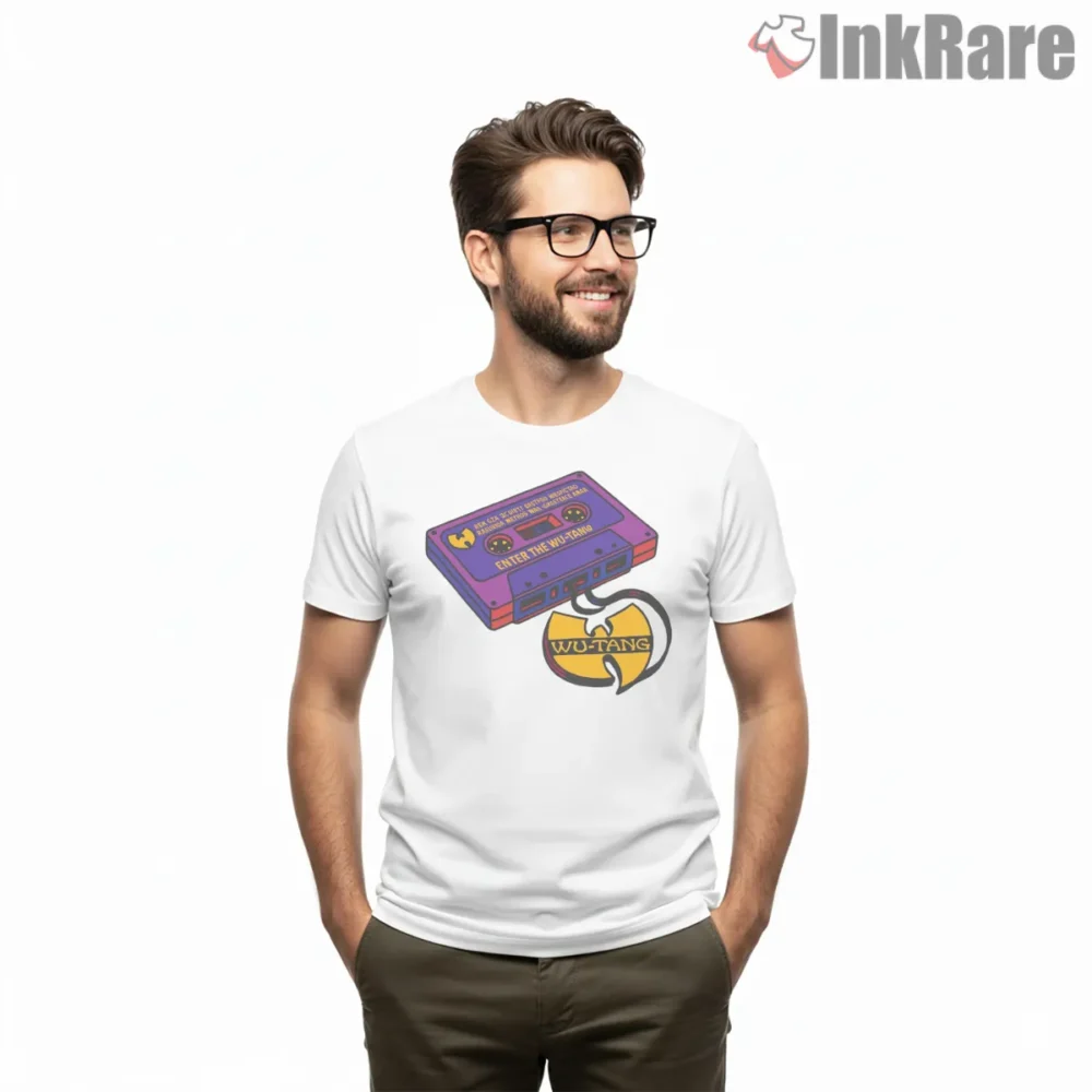 Wu Tang Purple Cassette Medallion Pop Art Shirt on white short sleeve shirt for men graphic tee