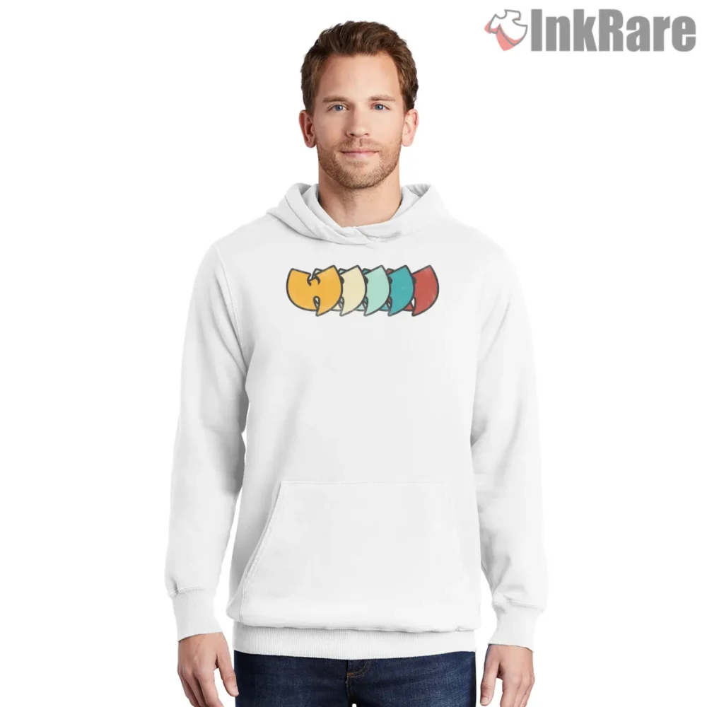 Wu Tang Rainbow Logo Row Vintage Shirt on white hoodie for men graphic tee