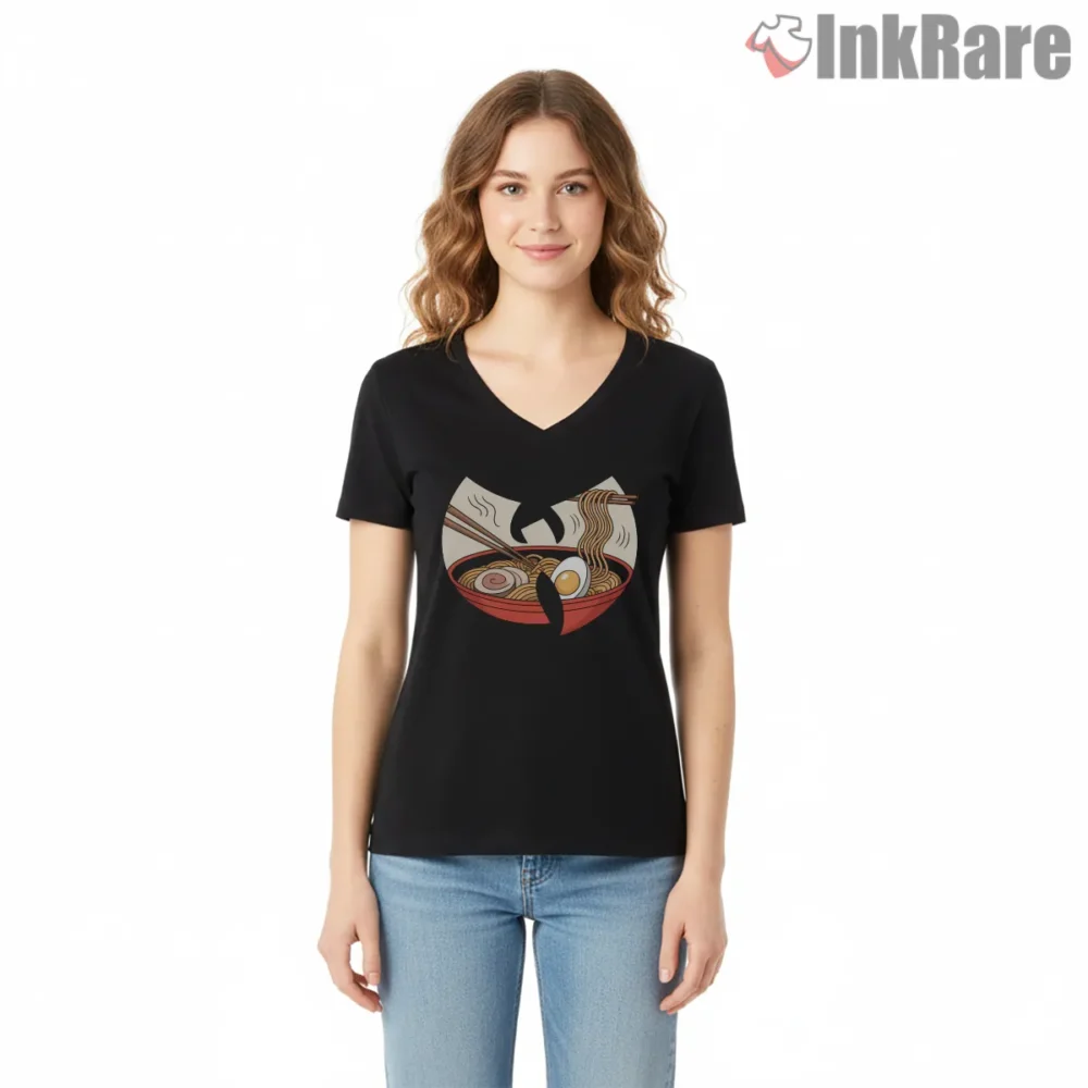 Wu Tang Ramen Bowl And Chopsticks Shirt on black v-neck shirt for women graphic tee