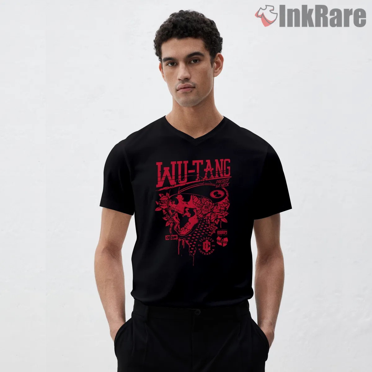 Wu Tang Red Dragon Vintage V Neck Black Wu Tang Red Dragon Vintage Shirt on black v-neck shirt for men graphic tee