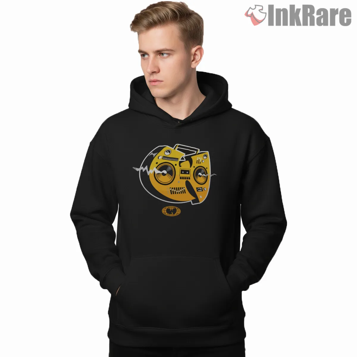 Wu Tang Retro Boombox Face Logo Shirt on black hoodie for men graphic tee