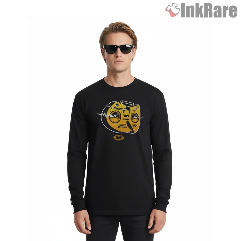 Wu Tang Retro Boombox Face Logo Shirt on black long sleeve shirt for men graphic tee