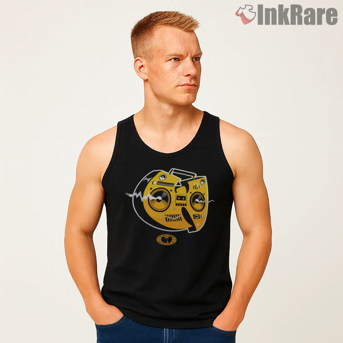 Wu Tang Retro Boombox Face Logo Tank Top Black Wu Tang Retro Boombox Face Logo Shirt on black tank top for men graphic tee