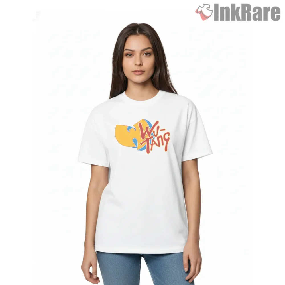 Wu Tang Retro Game Style Wordmark Shirt on white short sleeve shirt for women graphic tee