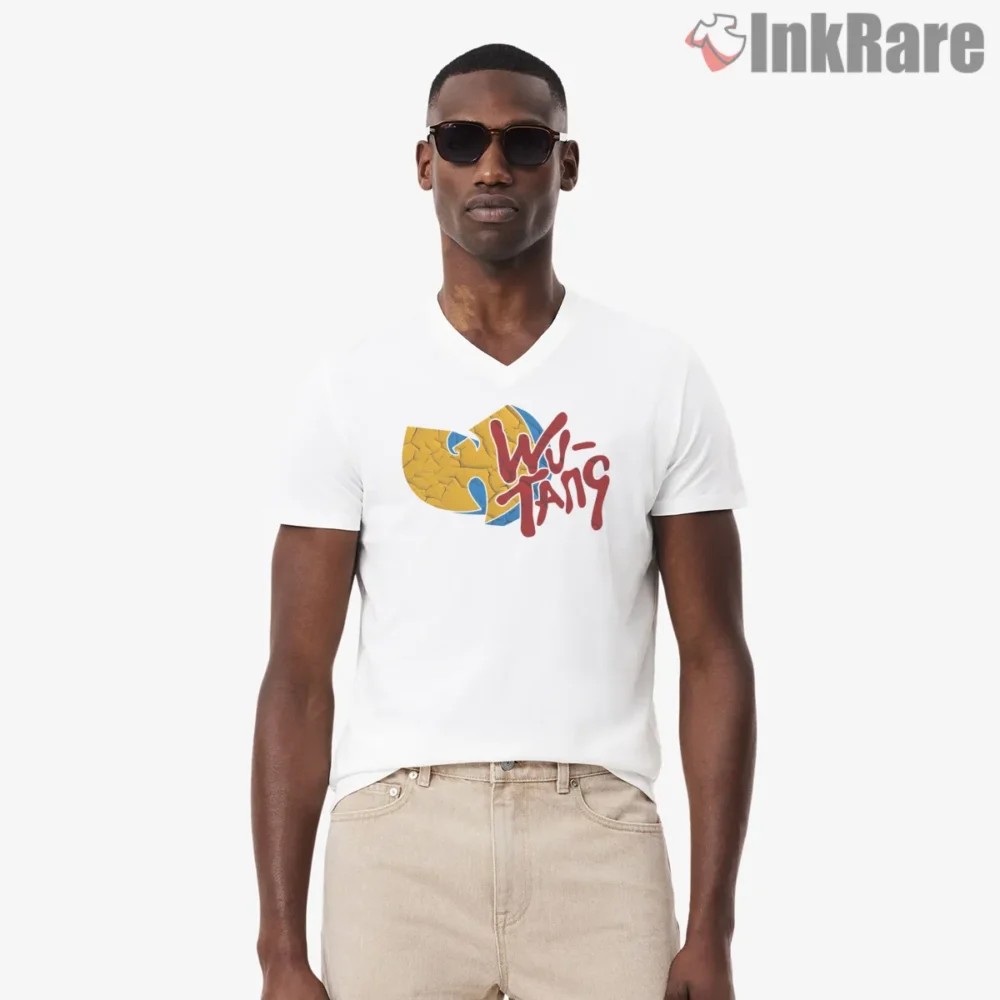 Wu Tang Retro Pop Shadow Logo Shirt on white v-neck shirt for men graphic tee
