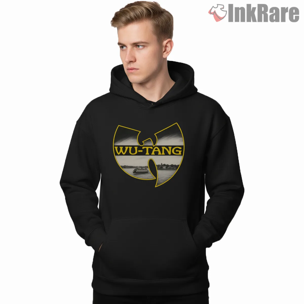 Wu Tang River Ferry Photo Emblem Shirt on black hoodie for men graphic tee