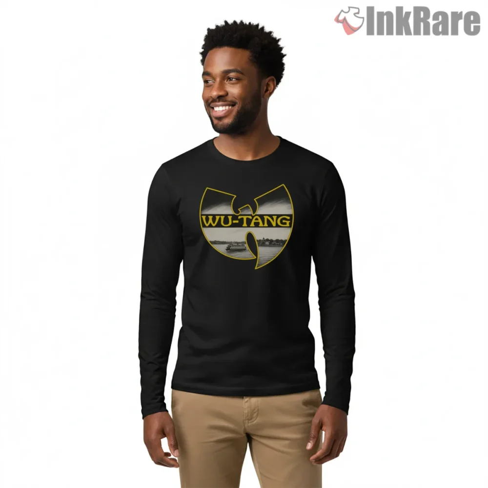 Wu Tang River Ferry Photo Emblem Shirt on black long sleeve shirt for men graphic tee