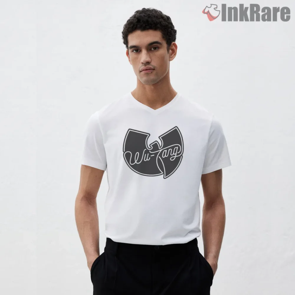 Wu Tang Script Outline Minimal Logo Shirt on white v-neck shirt for men graphic tee