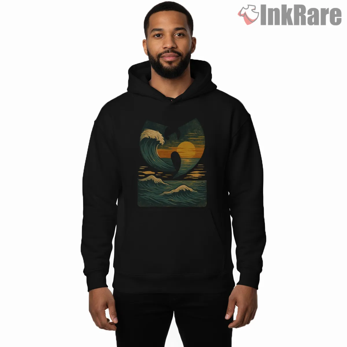 Wu Tang Sea Wave Sunset Art Shirt on black hoodie for men graphic tee