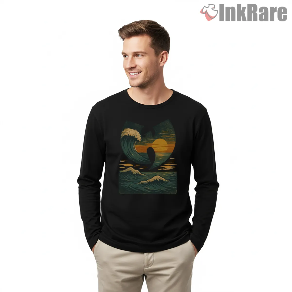 Wu Tang Sea Wave Sunset Art Long Sleeve Black Wu Tang Sea Wave Sunset Art Shirt on black long sleeve shirt for men graphic tee