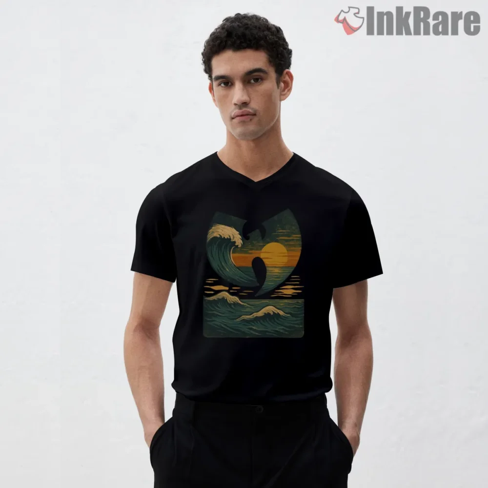 Wu Tang Sea Wave Sunset Art Shirt on black v-neck shirt for men graphic tee